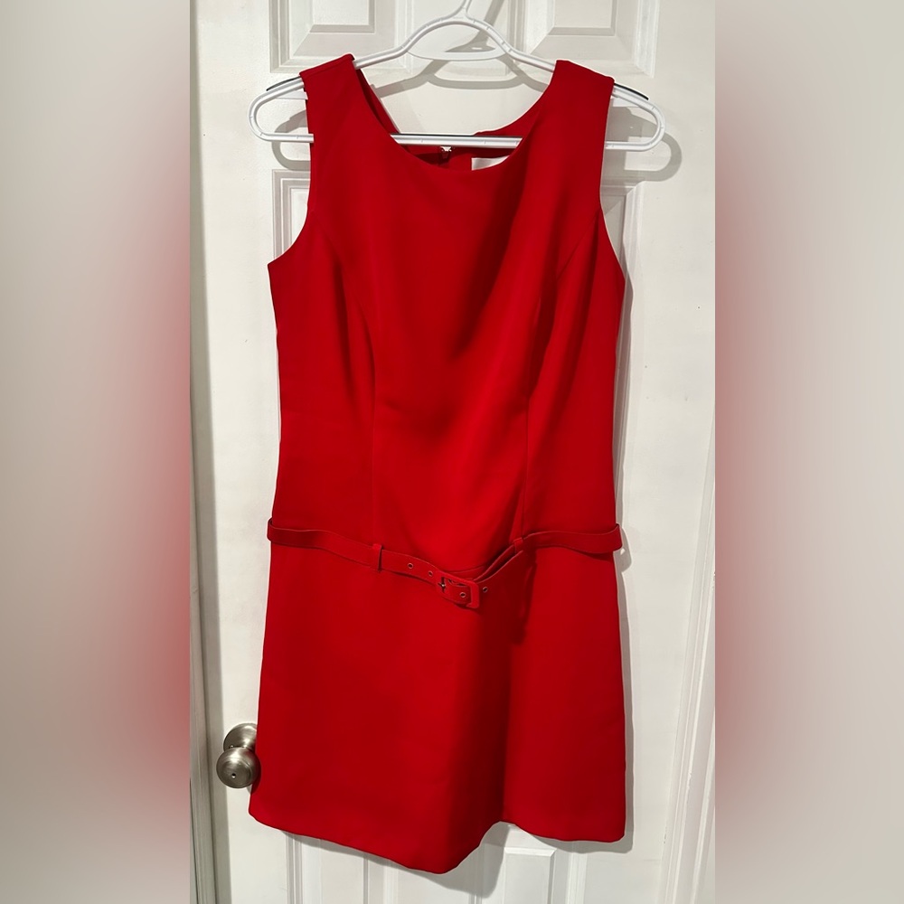 Elegant Red Sleeveless Belted Dress